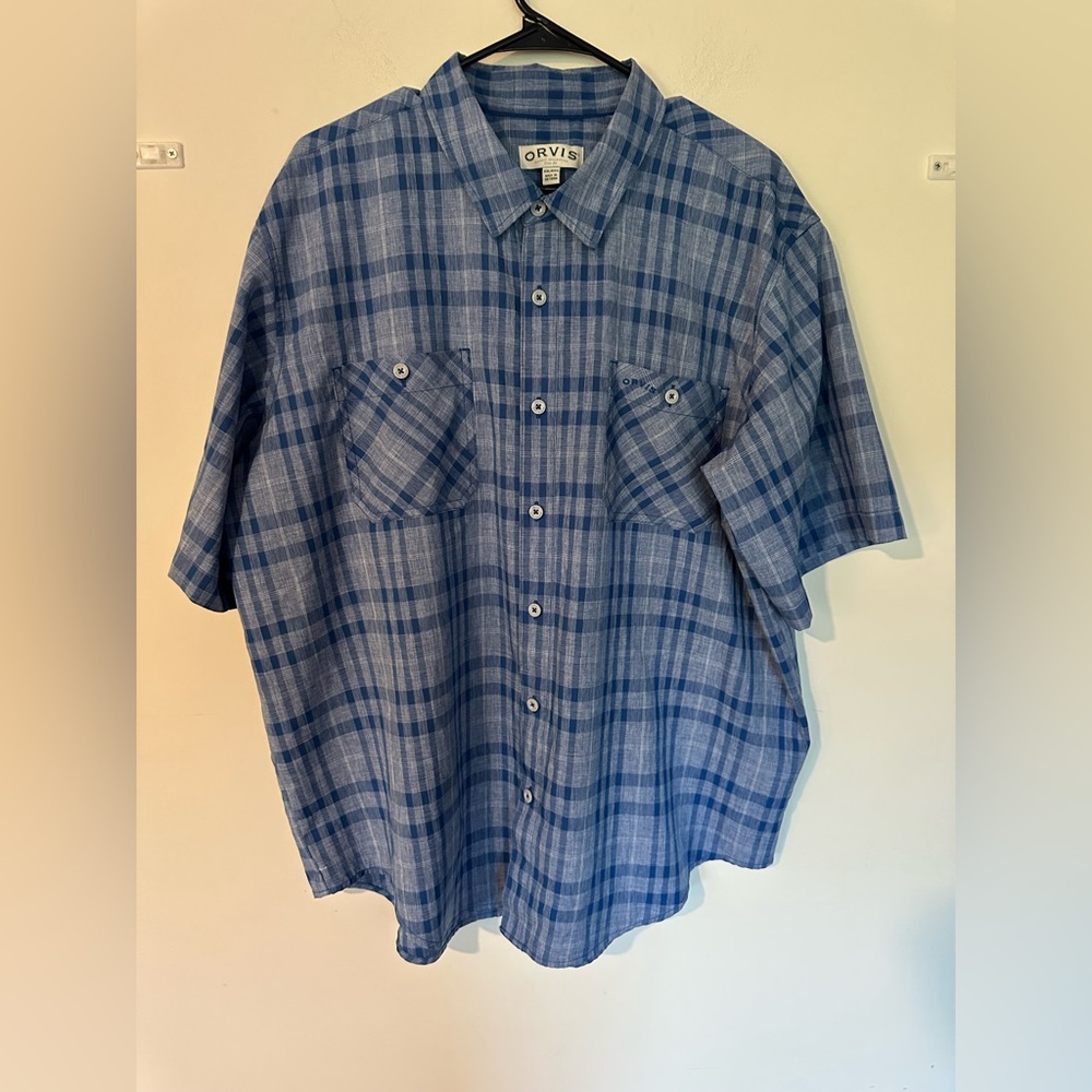 Orvis Mens Blue Paid Button Up Short Sleeve Shirt Size XXL